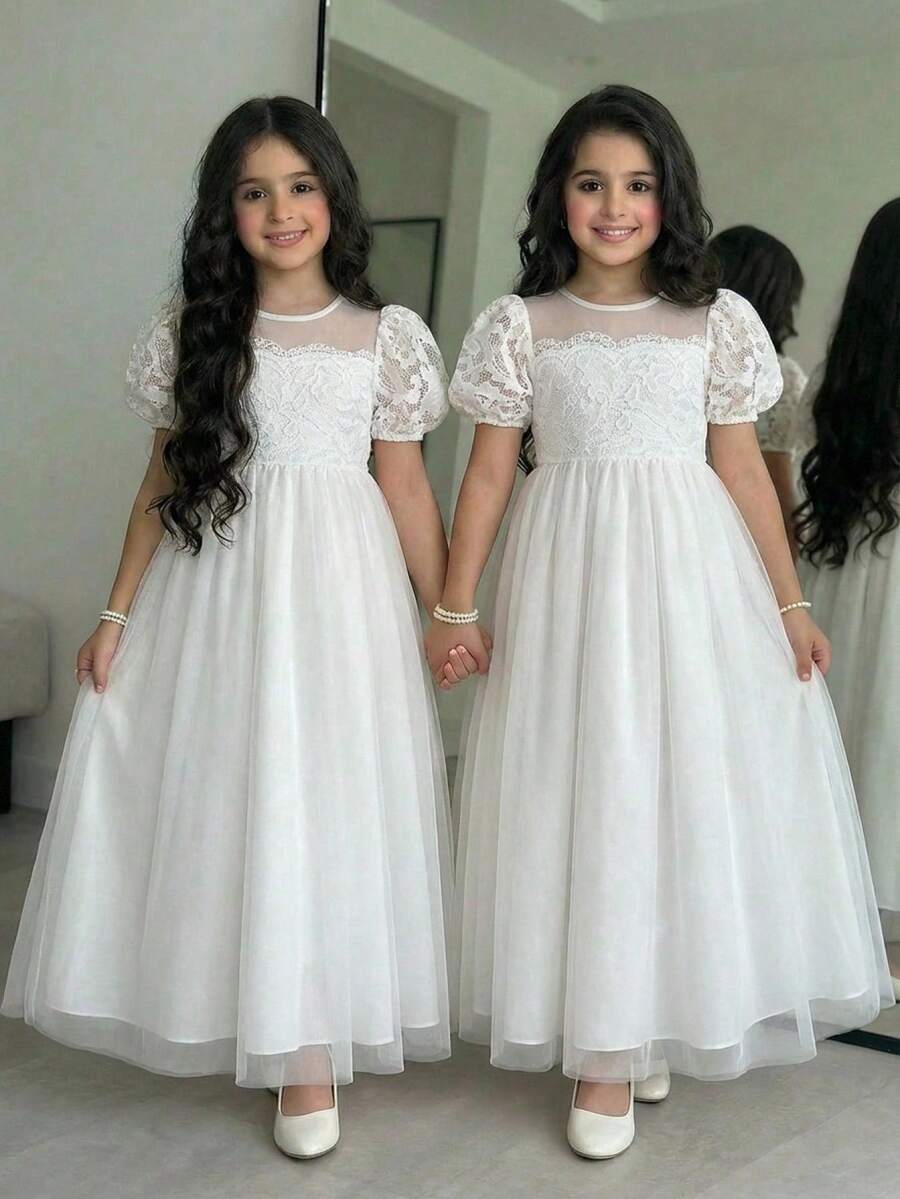 SHEIN Tween Girl Spring/Summer Elegant Round Neck Petal Sleeve Lace ...