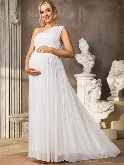 SHEIN Wedding Maternity Clothes Maternity  Dress Summer Pregnant Clothes White Maternity Dress, Highly Elastic, Soft, And Elegant Maternity Solid Color Sleeveless Pleated Design Elegant Dress