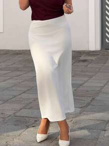 Jeta Ari Jupe longue taille haute de couleur unie, décontractée pour le printemps et l'automne - Blanc - Voir 4