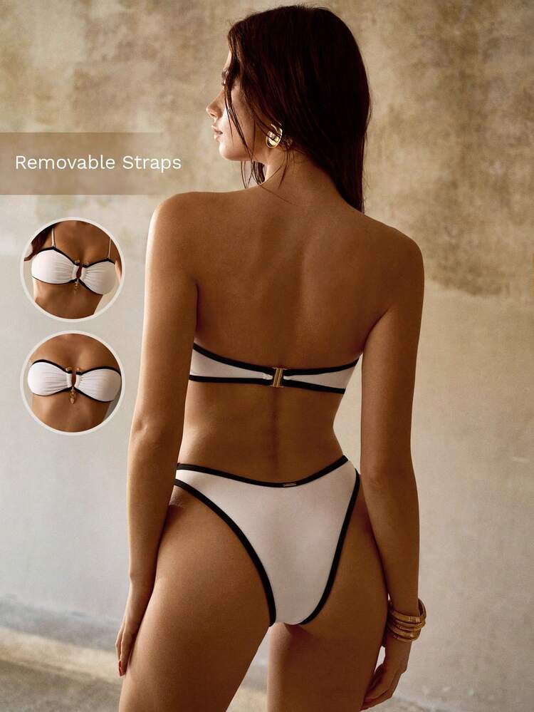 CLASSIC BLACK & WHITE CONTRAST COLOR BLOCK METAL DECOR PENDANT DETAIL BIKINI SET