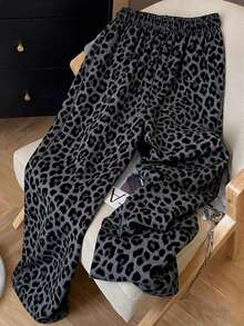 Resyla Pantalones de chándal con estampado de leopardo, moda callejera retro estadounidense Y2K para mujeres - Gris - Ver 2