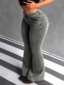 SHEIN PETITE Women's Pocket Button Cross Pattern Casual Versatile Flare Leg Jeans, Suitable For Daily Wear - Light Grey - View 3