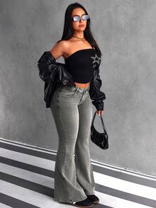 SHEIN PETITE Women's Pocket Button Cross Pattern Casual Versatile Flare Leg Jeans, Suitable For Daily Wear - Light Grey - View 4