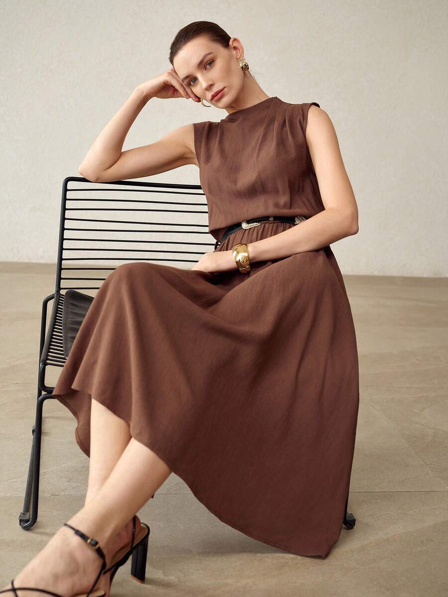 MOTF PREMIUM WOMEN'S NEW SLEEVELESS MANDARIN COLLAR WITH BELT CLASSIC MID-LENGTH DRESS, SPRING/SUMMER - Coffee Brown - View 1