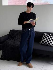 DAZY 男士修身长款深蓝色牛仔裤，适合春秋季穿着 - 藍色 - 查看 5