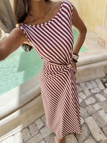 Serisse Women's Striped Metal Decor Cinched Waist Maxi Dress,Elegant White Summer Casual Brunch Party Dress,French Brown Off-Shoulder Knit Long Beach Dress - Brown - View 5