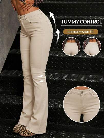 SHEIN Tall Quần jeans nữ ống loe cạp trung có túi, màu be, quần kaki nữ, quần công sở nữ, quần định hình vòng ba