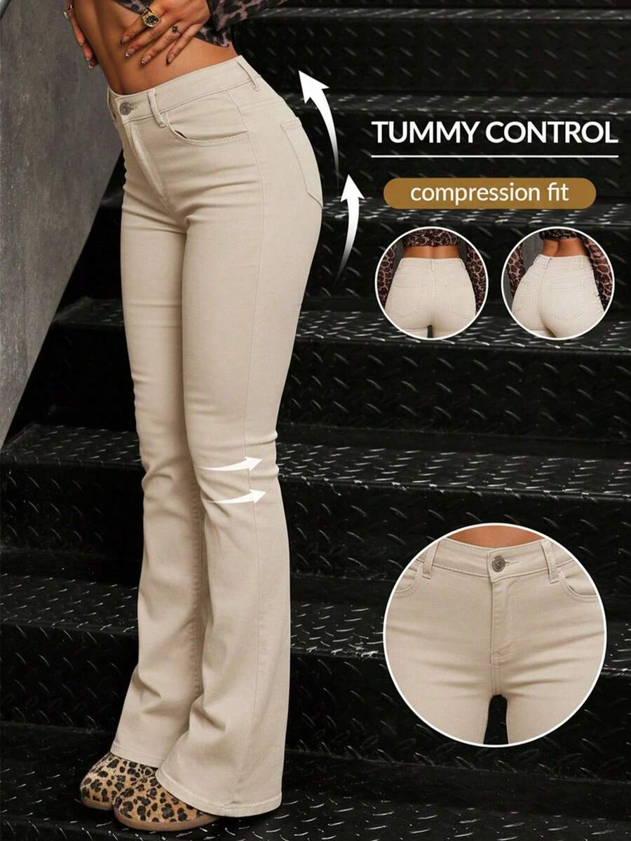 SHEIN Tall Quần jeans nữ ống loe cạp trung có túi, màu be, quần kaki nữ, quần công sở nữ, quần định hình vòng ba - Màu be - Xem 1