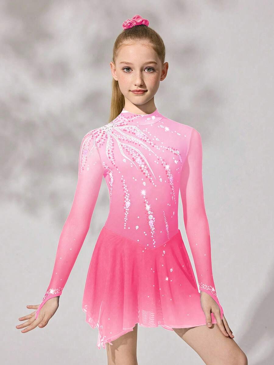 Tween Girls Figure Skating Dress, Pink Floral Design, High Stretch Fitted Silhouette With Sparkling Crystal Print, Smooth Flowing Mesh Skirt - Pink - View 1