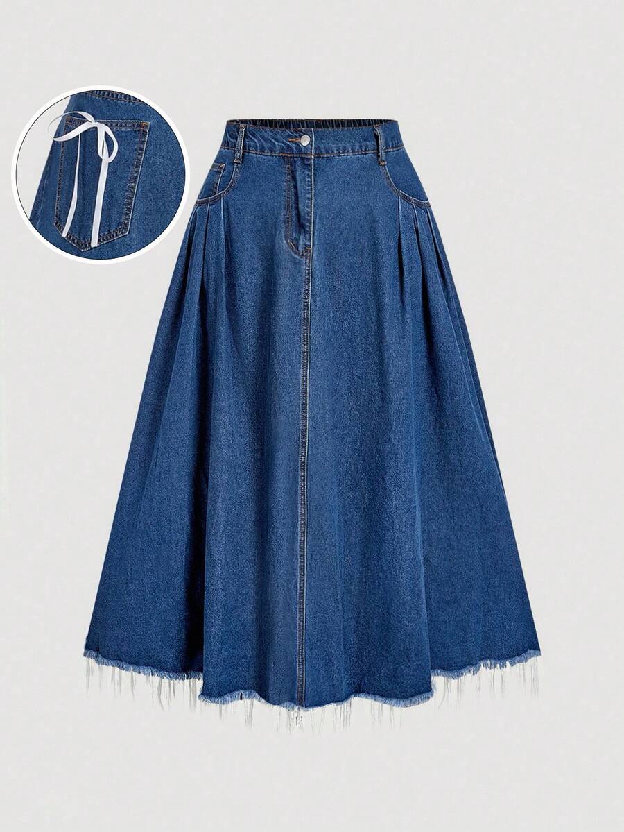 SHEIN MOD Plus Size Solid Color Pocket Fold Pleated Denim Mini Skirt,Fall,Office Gothic Alternative Skirt, Casual,Classy - Dark Wash - View 1