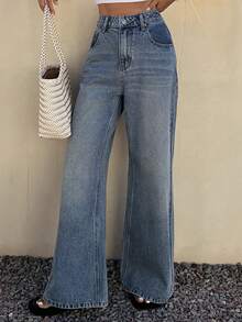 Livesso Women's High Waist Pockets Wide Leg Loose Casual Versatile Jeans - Blue - View 4