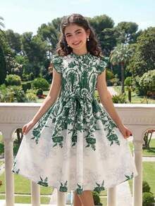 Girls' Elegant White Floral Summer Boho Vacation Holiday Dress,Digital Printing Ruffle Trim Flutter Sleeves Resort Style Formal Party Outfit - Multicolor - View 8