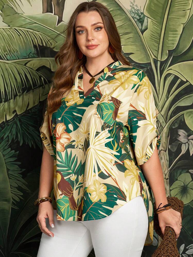 Plus Size Notched Neck Plant Print Casual Short Sleeve Shirt Summer Outfits  Beach Vacation Outfits For Women Floral  Blouse For Women BOHO Clothes Tropical Outfits For Women Hawaiian Shirt Women Beach Shirts Shirts For Women Summer Summer Outfits For Women  Beach Outfit For Women  Casual  Vacation Outfits Women Country Concert Outfit Peplum