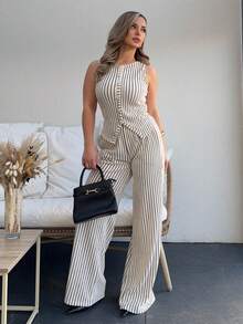 Jeta Ari Elenzga 女士时尚纯色纹理两件套，包括无袖圆领纽扣修身背心和高腰宽松直筒裤，优雅通勤风格 - 杏色 - 查看 4