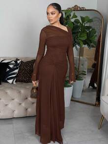 Melissa Matos Sukienka damska w jednolitym kolorze z okrągłym dekoltem i długim rękawem, ze skręconą talią i elegancką długością, długie suknie wieczorowe - Kawowy brązowy - Zobacz 3