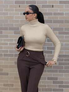 Melissa Matos 高领加厚保暖内衬修身长袖打底衫，适合秋冬季穿着，针织套头衫 - 摩卡棕 - 查看 5