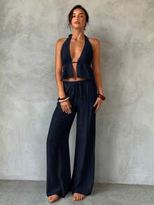 Aloruh Bộ đồ nữ mùa xuân/hè mới màu mơ, gồm áo khoác không tay cổ yếm buộc dây và quần ống rộng đính hạt, thích hợp mặc đi biển/nghỉ dưỡng/thường ngày. - Màu xanh hải quân - Xem 3