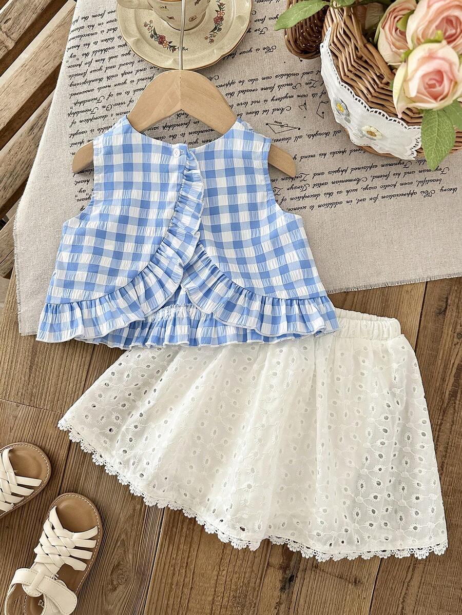 LMoss Kids 2件套女婴格子圆领休闲背心和裙子套装 - 彩色 - 查看 1