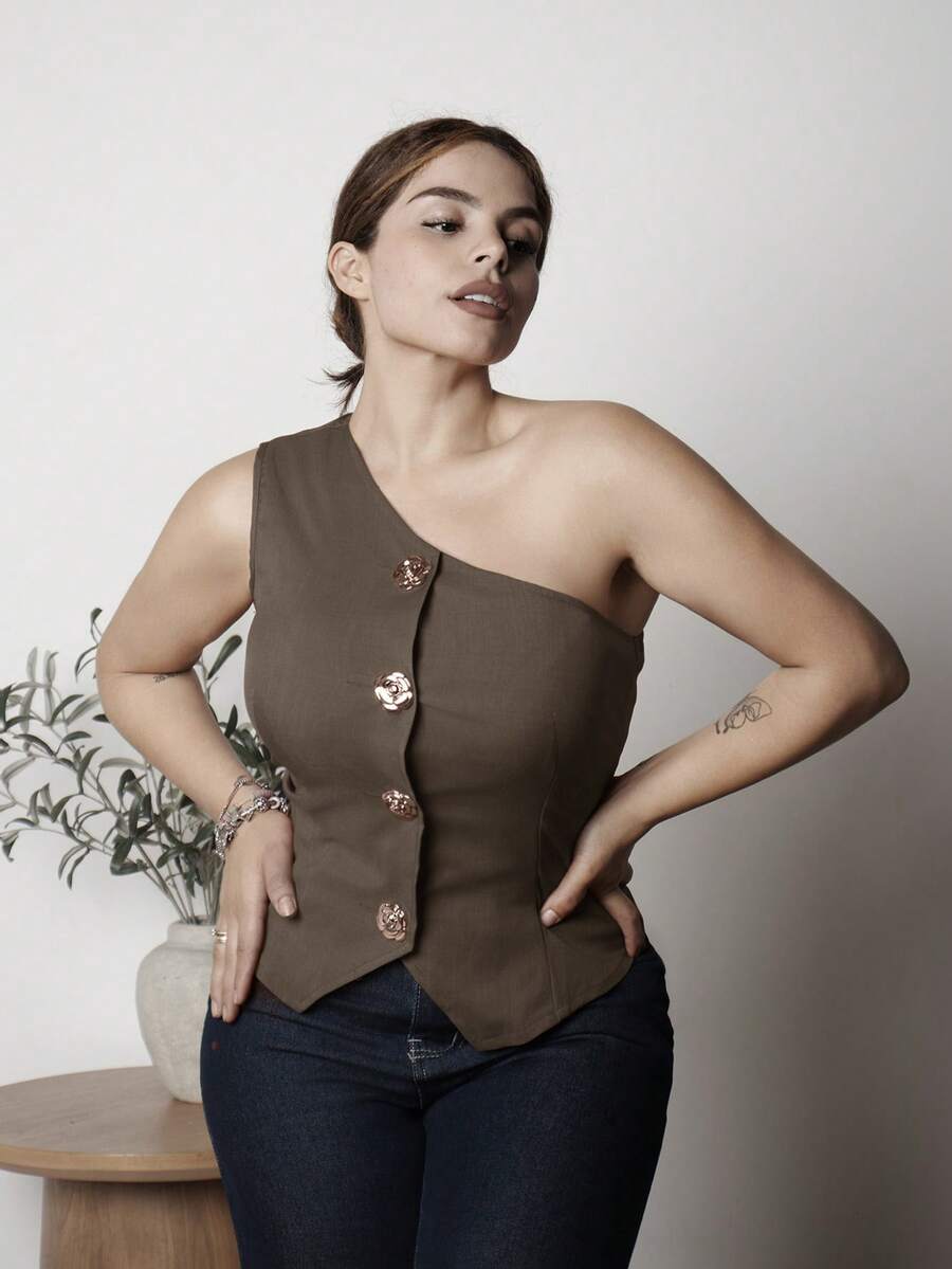 Lupita Cardoza 时尚百搭 S 形黑色金属扣装饰性感不对称领口上衣,适合春夏季女士 - 咖啡棕 - 查看 1