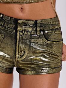 ROMWE Spring/Summer Women's Y2K Baddie Chic Metallic Gold Foil Super Low-Rise Mini Denim Shorts - Black - View 2