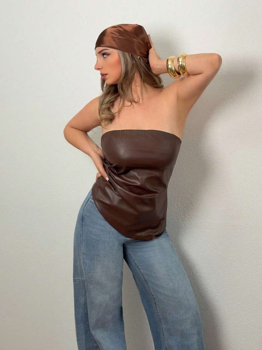 Jeta Ari Top blanco de verano para mujer, top sólido de color con diseño fruncido y bajo asimétrico, top tubo fruncido y simple, adecuado para uso casual diario, salidas y fiestas, vacaciones, día de San Valentín, vacaciones, tops de verano para mujer - Café integral - View 1