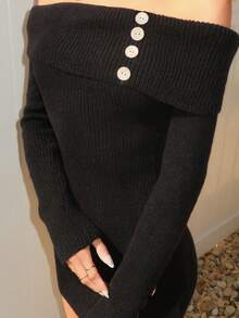 Sydney Algeri Women's Streetwear Slim Fit Turndown Collar Button Casual Long Sleeve Sweater Dress - Black - View 4