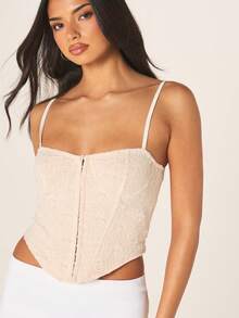 MISSGUIDED Lace Strapless Bustier Corset Top With Front Zipper Closure And Thin Adjustable Straps For Summer Evening Night Out Occasions Beige Elegant Sexy - Multicolor - View 4