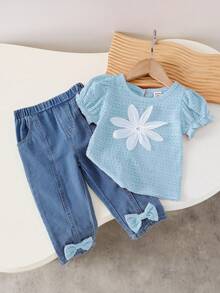 SHEIN Playful Pals 女童夏季韩版可爱撞色大蝴蝶结提花上衣搭配时尚水洗牛仔裤套装，适合外出和休闲穿着 - 藍色 - 查看 3