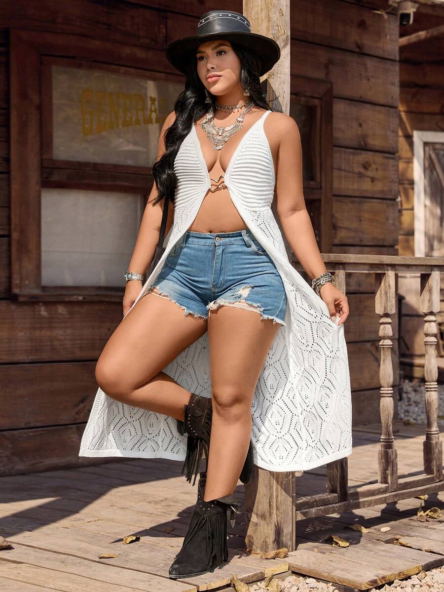 LanaWest CURVE Women's Sleeveless Hollow-Out Metal Buckle Knit Top, Spring/Summer - White - View 1