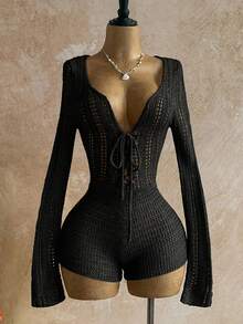 Soleia 性感吊带V领镂空金属海星紧身连衣裙，度假吊带露背系腰毛衣连衣裙，适合假日、音乐节、波西米亚风、海滩、秋冬季穿着。 - 黑色 - 查看 4