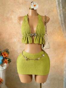 Solea Vida Conjunto de 2 piezas para mujer: Top de cuello halter en tela texturizada verde, uso casual/de viaje/vacaciones, hebilla metálica, bajo con volantes; Minifalda ajustado, primavera/verano - Verde - Ver 7