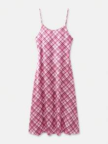 lacRébo 缎面斜裁格纹长款连衣裙，双肩带设计，打造夏日春夏造型，展现法式巴黎风情，适合度假、休闲、节日等多种场合。粉色格纹连衣裙，尽显优雅气质。 - 粉色 - 查看 7