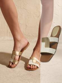Swim Chiccia 2025 New Fashion Women Square Toe Flat Sandals, Simple Casual Holiday Colorblock Gold Slides - Gold - View 4