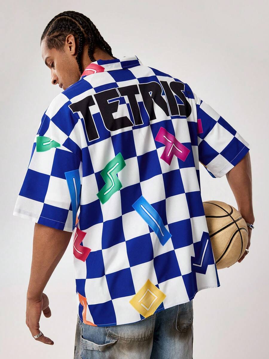 Tetris™ X SHEIN Men's Checkerboard Short Sleeve Single-Breasted Loose Shirt, - Blue and White - View 1