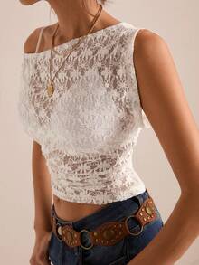 Easelle Women's Fashionable Asymmetrical White Lace T-Shirt, Summer Textured Floral Pattern Off-Shoulder White T-Shirt Top - White - View 4