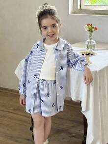 LMoss Kids LMoss 3件組少女編織條紋休閒襯衫、吊帶背心與短褲套裝，適合少女 - 藍白色 - 查看 9