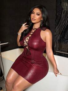 NU&NOW 大码女式性感针织鳄鱼纹高弹面料连衣裙，金属孔眼，胸前镂空系带设计，蝴蝶结，修身迷你连衣裙，百搭款式，适合派对、约会、新年、情人节、郊游、音乐节、海滩度假等场合，时尚必备单品。 - 酒紅色 - 查看 4