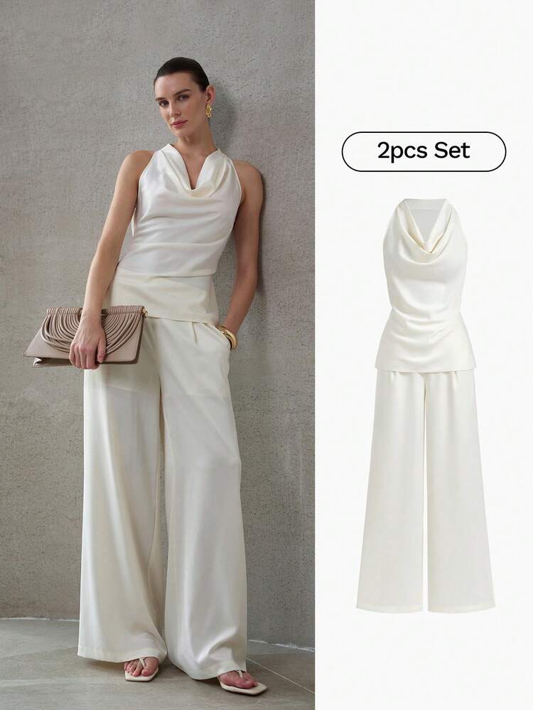 WOMEN'S LOOSE HALTER TOP AND WIDE LEG PANTS 2 PIECES SET, SPRING/SUMMER