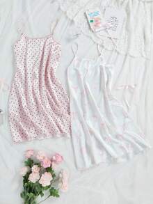 Bộ 2 món áo ngủ hai dây bằng satin in hình nơ và trái tim cho bé gái tuổi teen, thích hợp mặc nhà mùa hè. - Nhiều màu - Xem 5