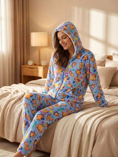 Pijama Afelpada Para Mujer Conjunto 2 Piezas Manga Larga Caliente Moda De Hogar Calida Pijama Mujer Moda Outfit Casa