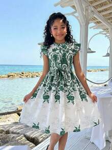 Girls' Elegant White Floral Summer Boho Vacation Holiday Dress,Digital Printing Ruffle Trim Flutter Sleeves Resort Style Formal Party Outfit - Multicolor - View 9