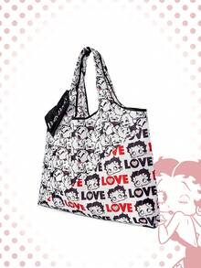 Betty Boop x SHEIN Fashion College Badge Pattern Waterproof Large Capacity Tote Bag - Black and white full print - View 2