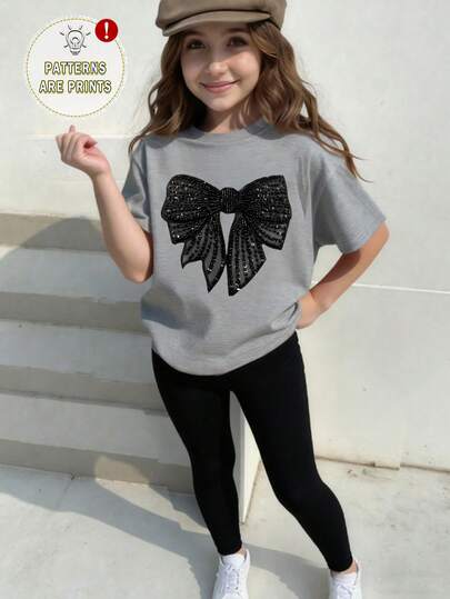 SHEIN Sparklyn Set de 2 piezas: Camiseta con estampado gráfico y lazo, y leggings casuales y elegantes para niñas, ropa cómoda para usar a diario en verano y otoño