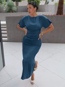 MDEdit Women's Solid Color Linen Blended Summer Dress Women Casual Dress Women Birthday Outfit Elegant Evening Dress Blue Formal - Navy Blue - View 6