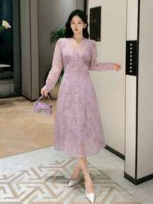 DAZY Elegant Lace V-Neck Women's Lace Dress, Suitable For Wedding Guest Attire In Spring Summer - Mauve Purple - View 4