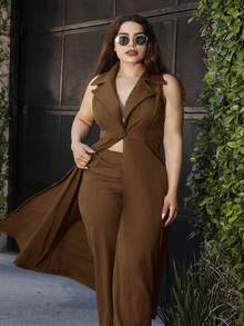 Lupita Cardoza 优雅通勤无袖长翻领收腰 A 字长款夹克搭配长裤 2 件套 - 棕色 - 查看 6