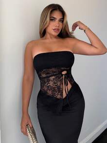 Maria Perezxox 系带侧蕾丝抹胸不对称上衣 - 黑色 - 查看 3