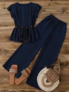 Linhara Plus Size Women Navy Blue 2 Pieces Set,Elegant Summer Vacation Ruffle Sleeve Round Neck Cinched Waist Beaded Shirt & Loose Elastic Wide Leg Pants Set - Blue - View 1