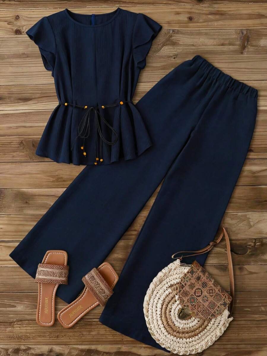 Linhara Plus Size Women Navy Blue 2 Pieces Set,Elegant Summer Vacation Ruffle Sleeve Round Neck Cinched Waist Beaded Shirt & Loose Elastic Wide Leg Pants Set - Blue - View 1