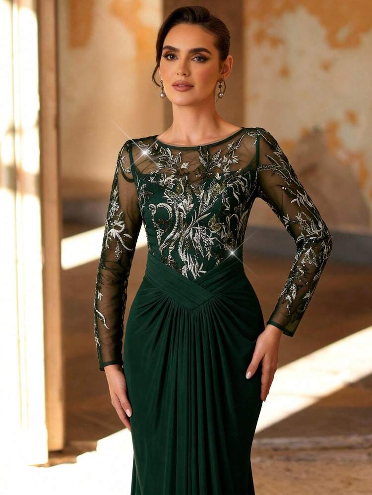 Serin Elegant Luxurious Beaded Sequin Lace Embroidered Sheer Sleeve Ruched Mermaid Hem Stretch Knit Dress, Suitable For Wedding, Party, Holiday, Bridal, Mother Of The Bride, Evening Gown - Dark Green - View 2